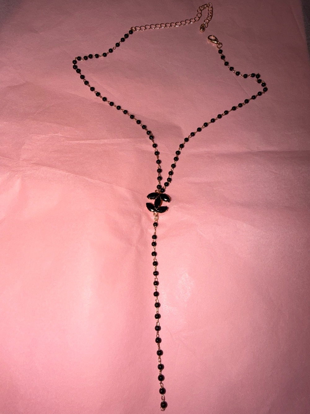 Others Follow Black Beaded Y-Drop Necklace with Logo Pendant